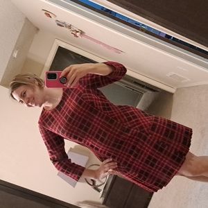 Tahari red and black plaid drop waist dress